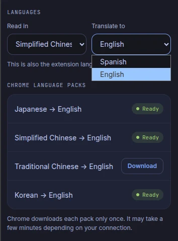 Ajustes de idiomas: Leer en chino simplificado, Traducir a inglés, y la lista de paquetes de idioma con japonés, chino simplificado y coreano listos, y chino tradicional con el botón Descargar.