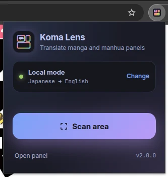 Ventana de KomaLens al pulsar su ícono: modo local de japonés a inglés, botón Cambiar, botón Escanear área y enlace Abrir panel.