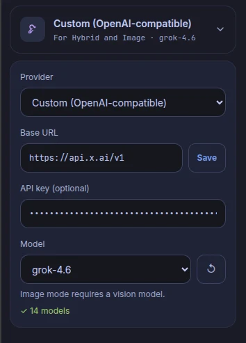 Configuración del proveedor: Provider en Custom (OpenAI-compatible), Base URL con https://api.x.ai/v1 y botón Save, API key opcional oculta, selector de modelo con botón para recargar, el aviso Image mode requires a vision model y 14 modelos cargados.